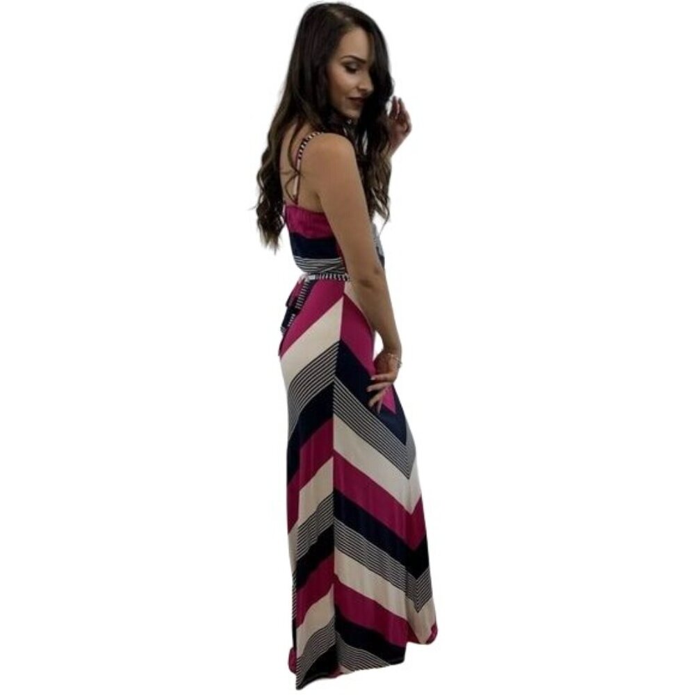 Vintage Neiman Marcus Chevron Striped Tie Waist Maxi Dress - Picture 4 of 16